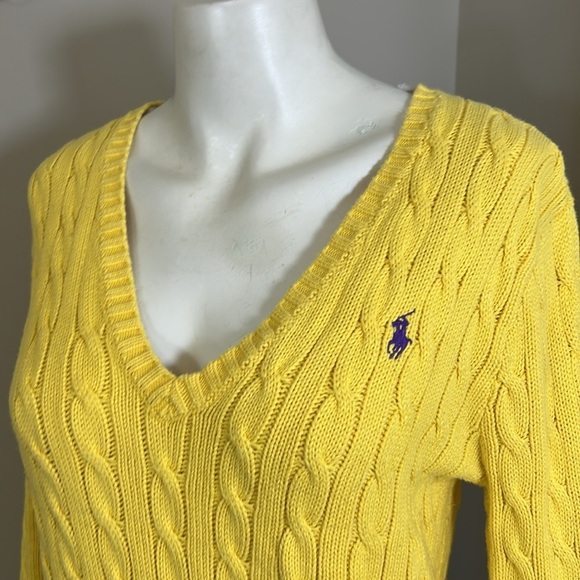 Polo Ralph Lauren Cable-Knit Cotton VNeck Sweater Yellow Pony Purple Sz L - Picture 4 of 11